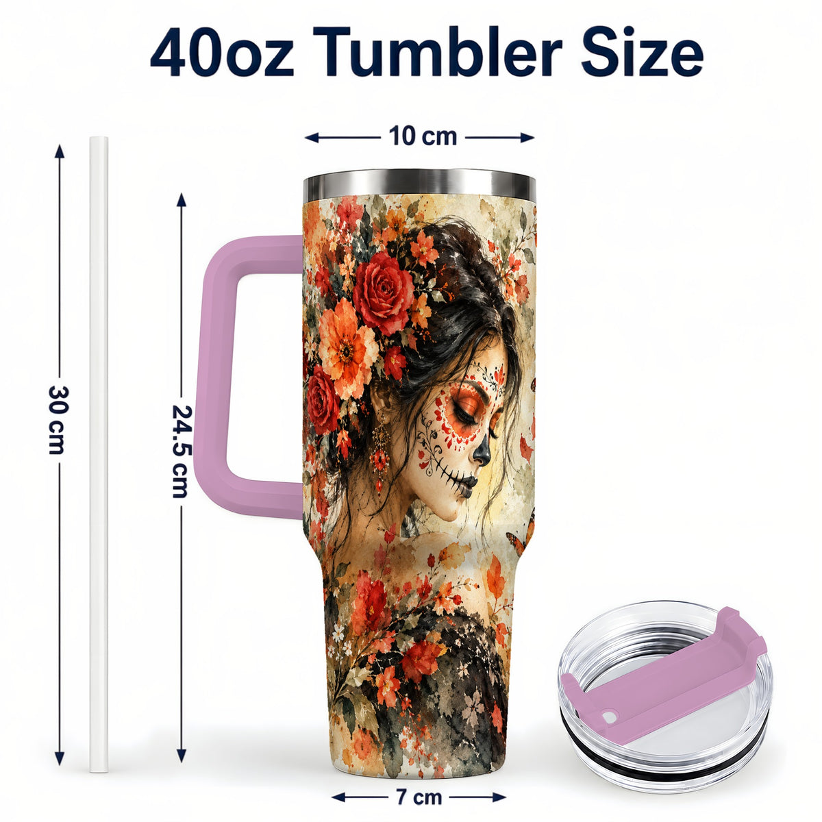 #pl[40oz|Pink] Floral Face Art 40oz Tumbler, Watercolor Rose, Stainless Steel Travel Cup