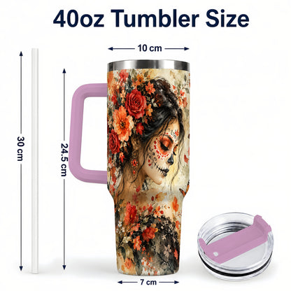 #pl[40oz|Pink] Floral Face Art 40oz Tumbler, Watercolor Rose, Stainless Steel Travel Cup