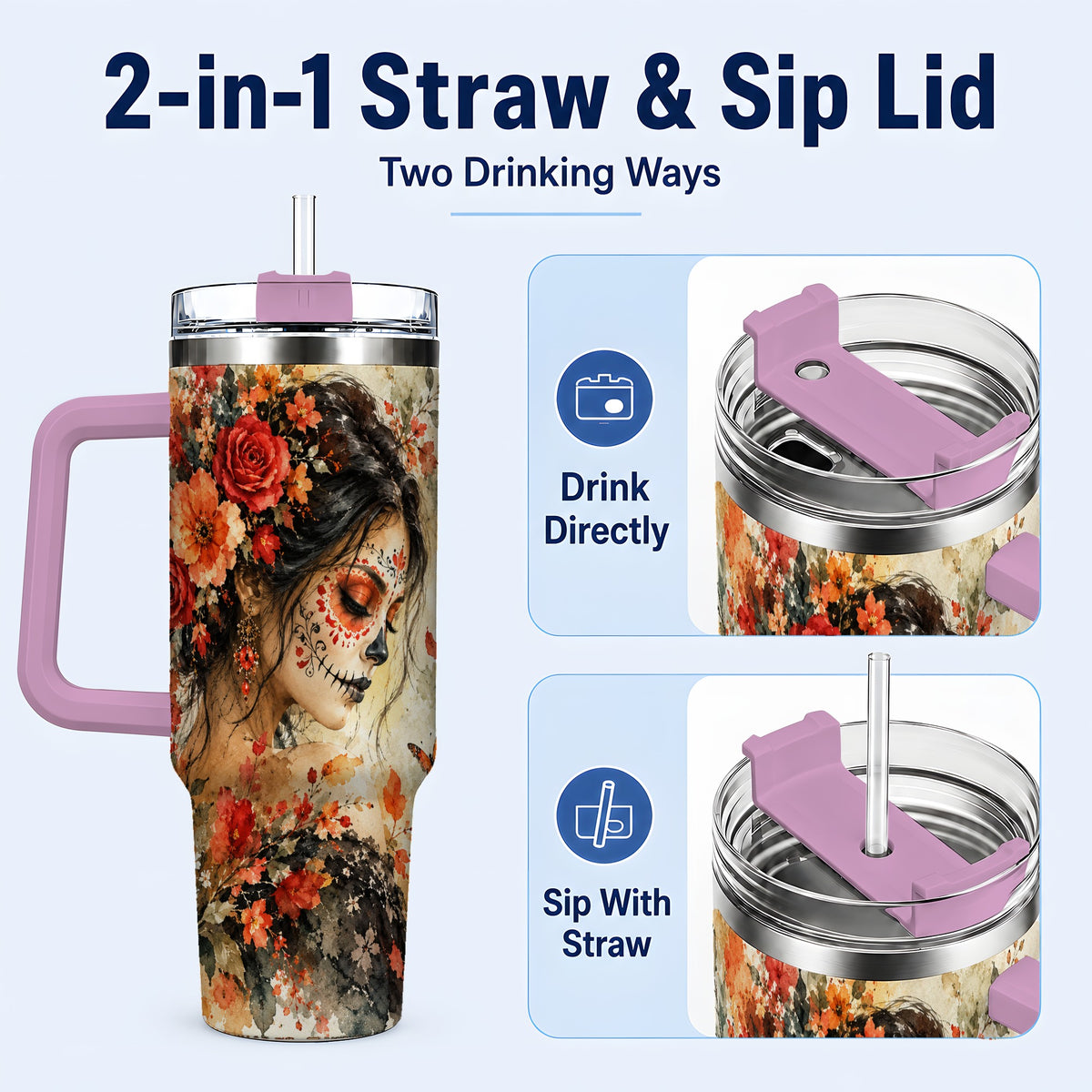 #pl[40oz|Pink] Floral Face Art 40oz Tumbler, Watercolor Rose, Stainless Steel Travel Cup