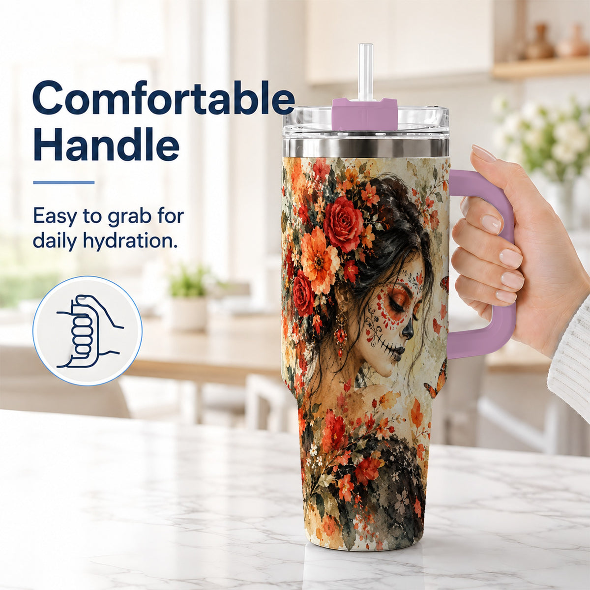 #pl[40oz|Pink] Floral Face Art 40oz Tumbler, Watercolor Rose, Stainless Steel Travel Cup