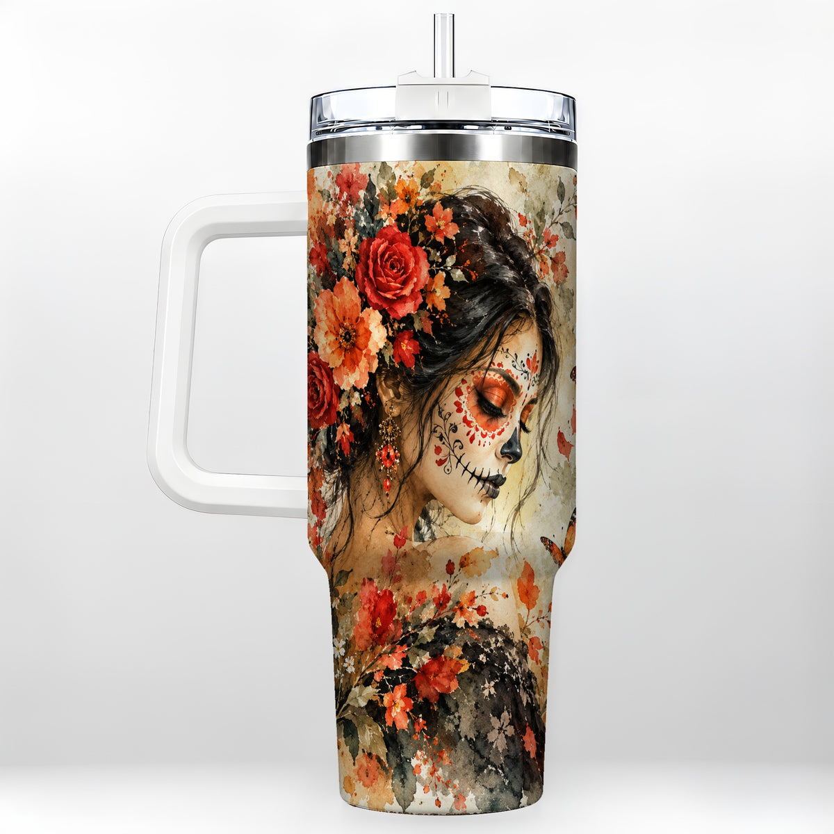 Floral Face Art 40oz Tumbler, Watercolor Rose, Stainless Steel Travel Cup
