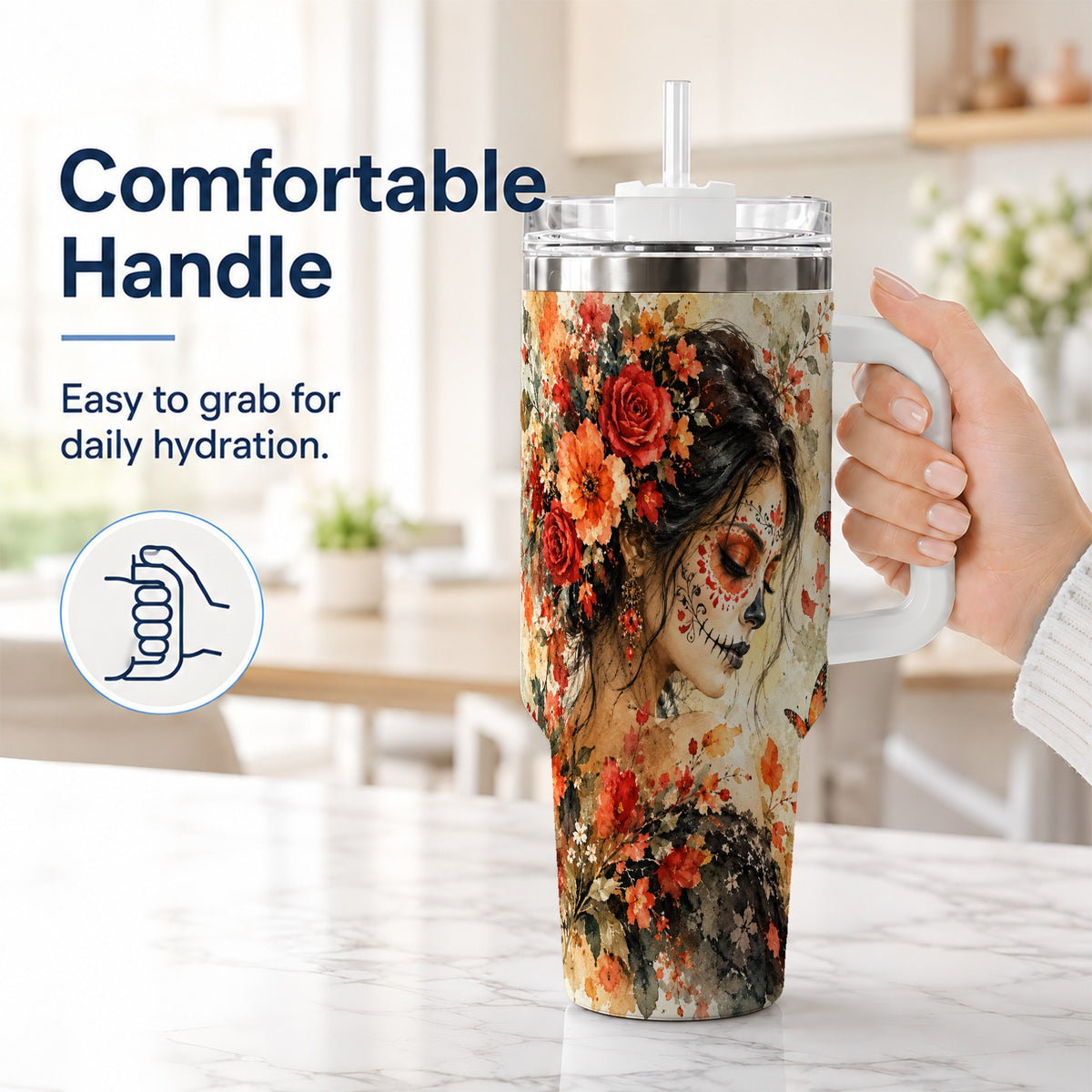#pl[40oz|White] Floral Face Art 40oz Tumbler, Watercolor Rose, Stainless Steel Travel Cup