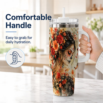#pl[40oz|White] Floral Face Art 40oz Tumbler, Watercolor Rose, Stainless Steel Travel Cup