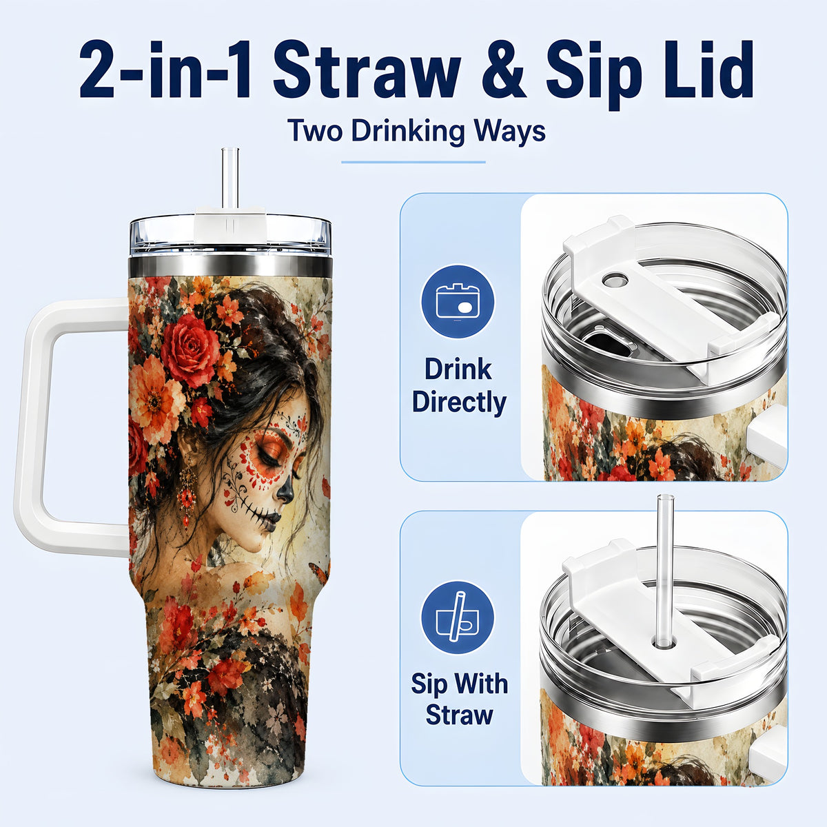 #pl[40oz|White] Floral Face Art 40oz Tumbler, Watercolor Rose, Stainless Steel Travel Cup