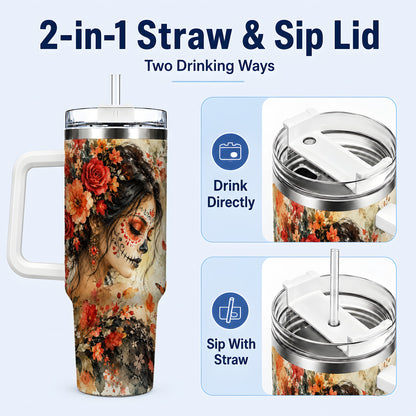 #pl[40oz|White] Floral Face Art 40oz Tumbler, Watercolor Rose, Stainless Steel Travel Cup