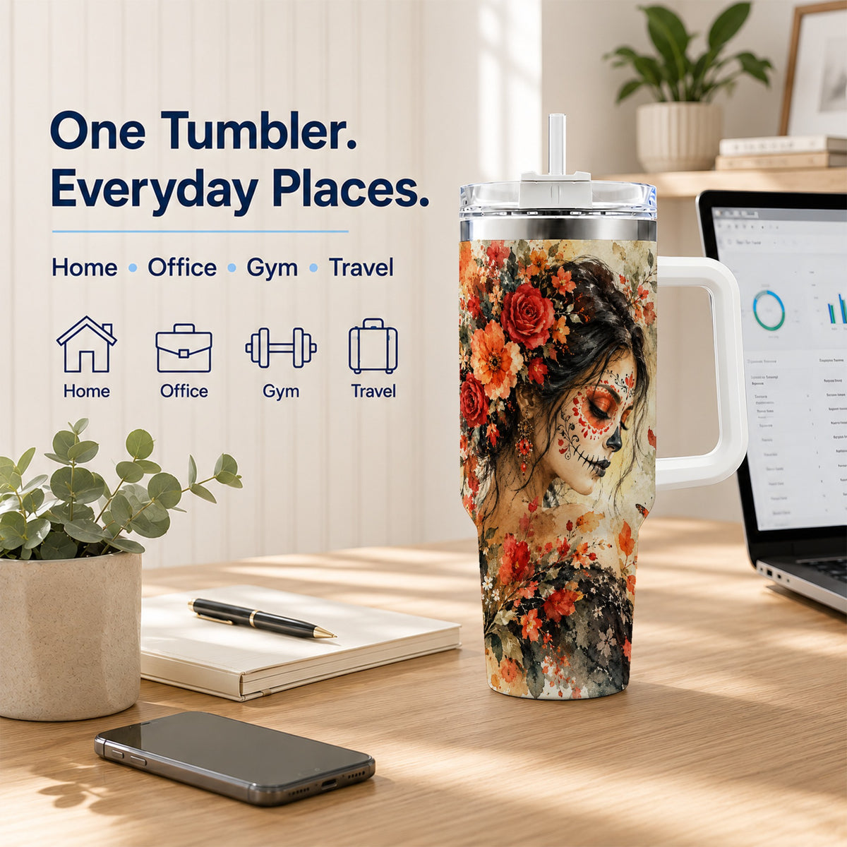 Floral Face Art 40oz Tumbler, Watercolor Rose, Stainless Steel Travel Cup
