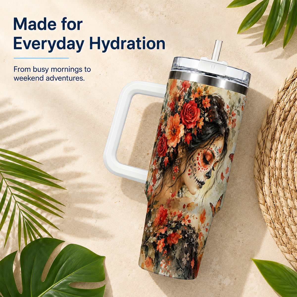Floral Face Art 40oz Tumbler, Watercolor Rose, Stainless Steel Travel Cup