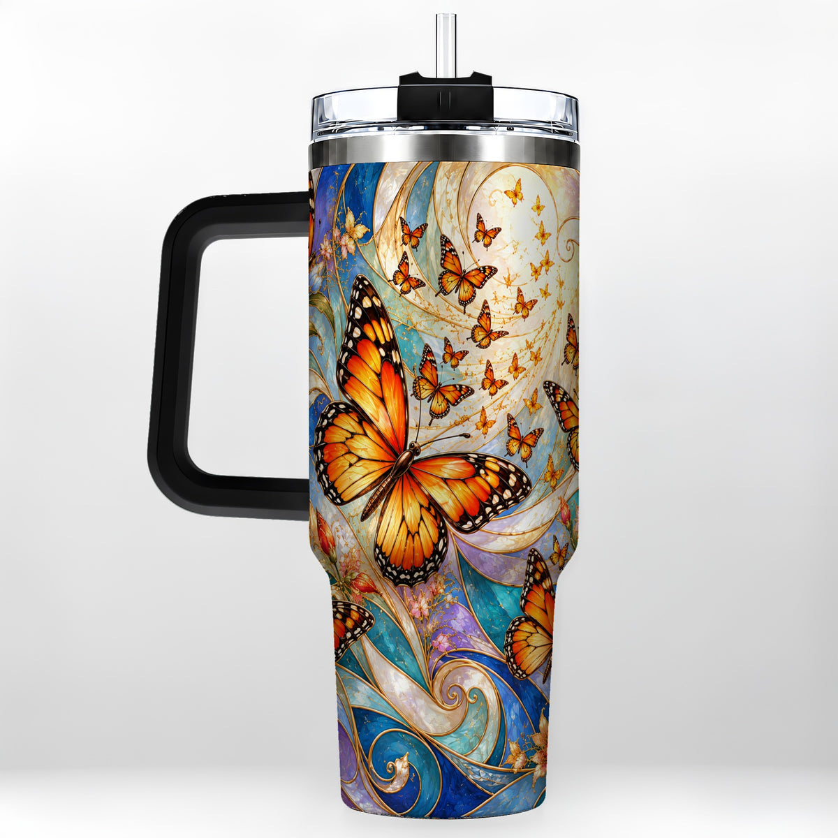 #pl[40oz|Black] Orange Butterfly 40oz Tumbler, Floral Swirl, Stainless Steel Travel Cup