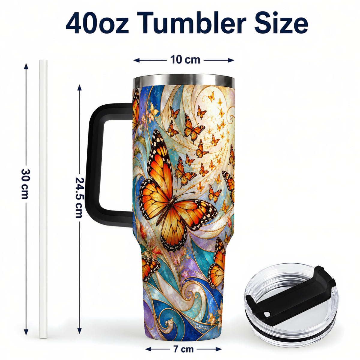 #pl[40oz|Black] Orange Butterfly 40oz Tumbler, Floral Swirl, Stainless Steel Travel Cup