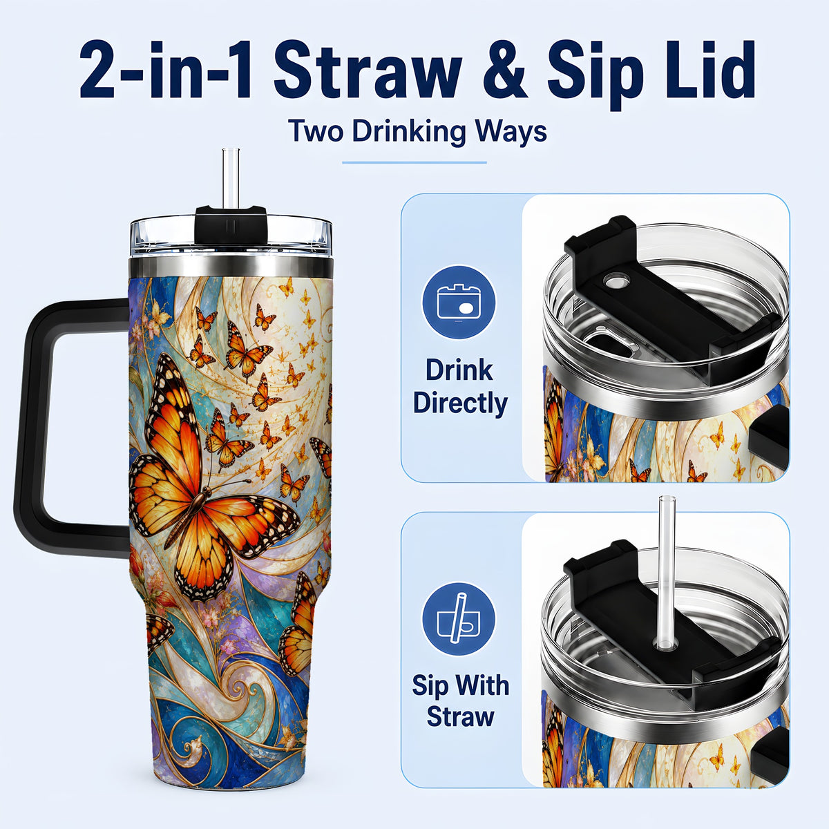 #pl[40oz|Black] Orange Butterfly 40oz Tumbler, Floral Swirl, Stainless Steel Travel Cup
