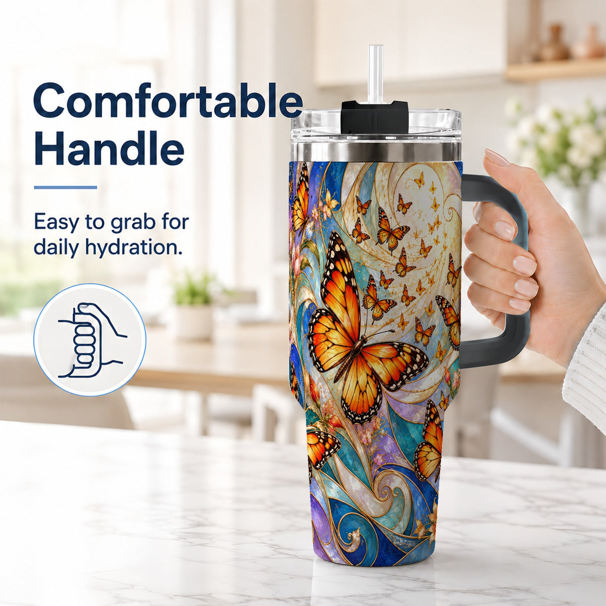 #pl[40oz|Black] Orange Butterfly 40oz Tumbler, Floral Swirl, Stainless Steel Travel Cup