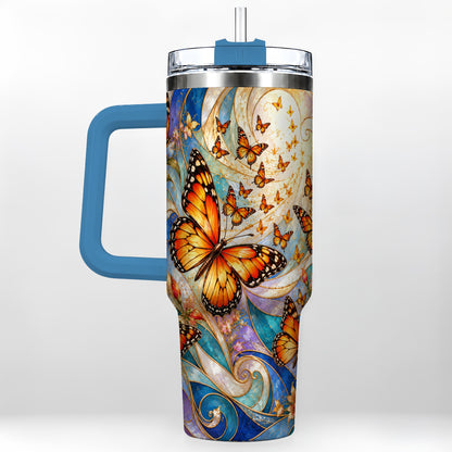 #pl[40oz|Blue] Orange Butterfly 40oz Tumbler, Floral Swirl, Stainless Steel Travel Cup