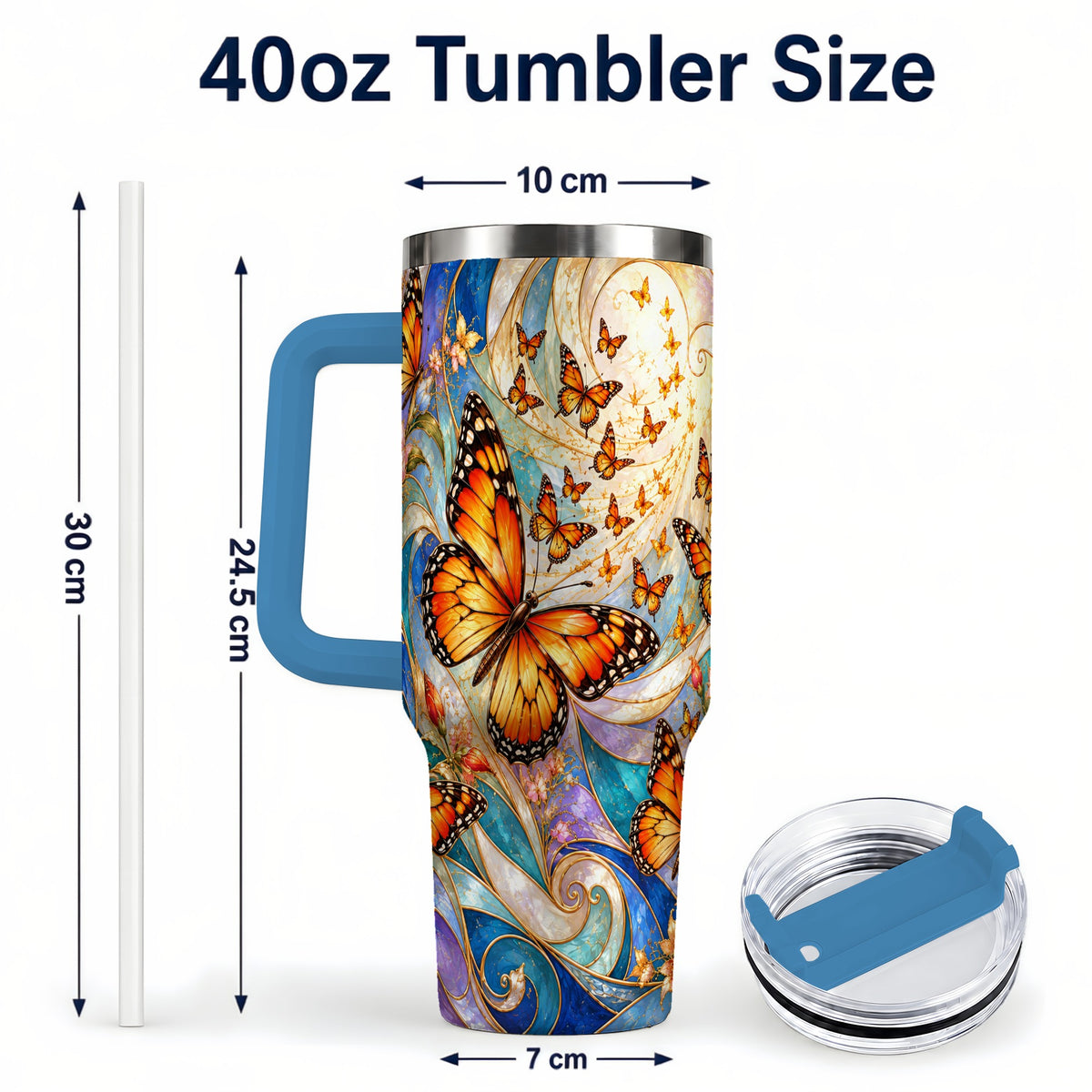 #pl[40oz|Blue] Orange Butterfly 40oz Tumbler, Floral Swirl, Stainless Steel Travel Cup
