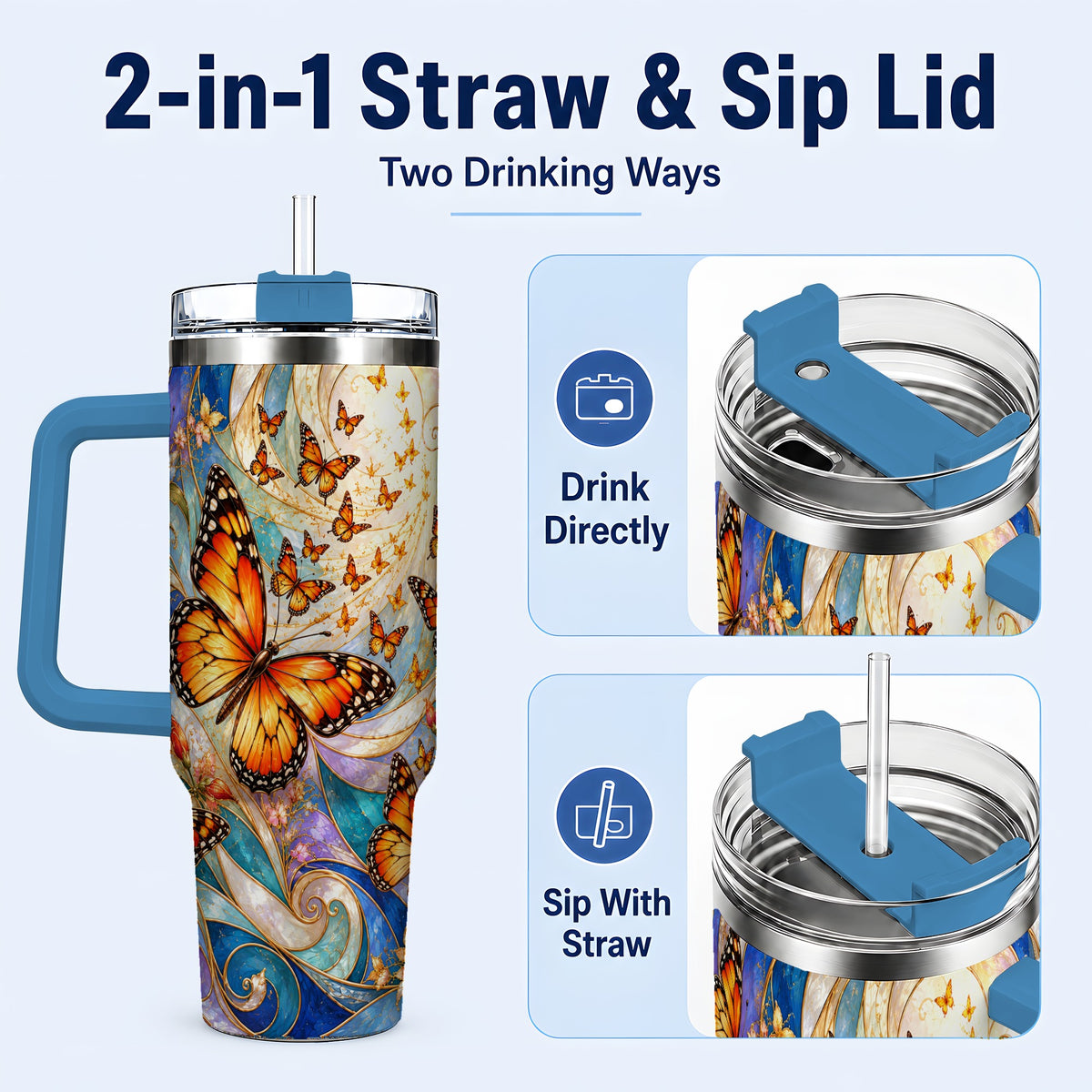 #pl[40oz|Blue] Orange Butterfly 40oz Tumbler, Floral Swirl, Stainless Steel Travel Cup