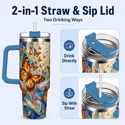 #pl[40oz|Blue] Orange Butterfly 40oz Tumbler, Floral Swirl, Stainless Steel Travel Cup