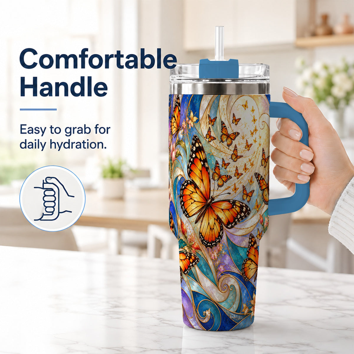 #pl[40oz|Blue] Orange Butterfly 40oz Tumbler, Floral Swirl, Stainless Steel Travel Cup