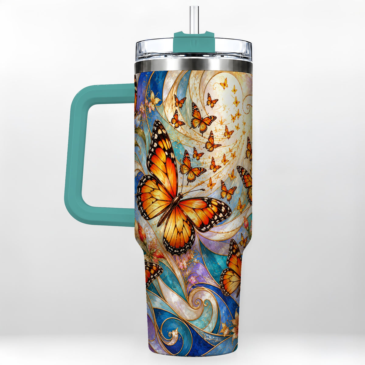 #pl[40oz|Green] Orange Butterfly 40oz Tumbler, Floral Swirl, Stainless Steel Travel Cup