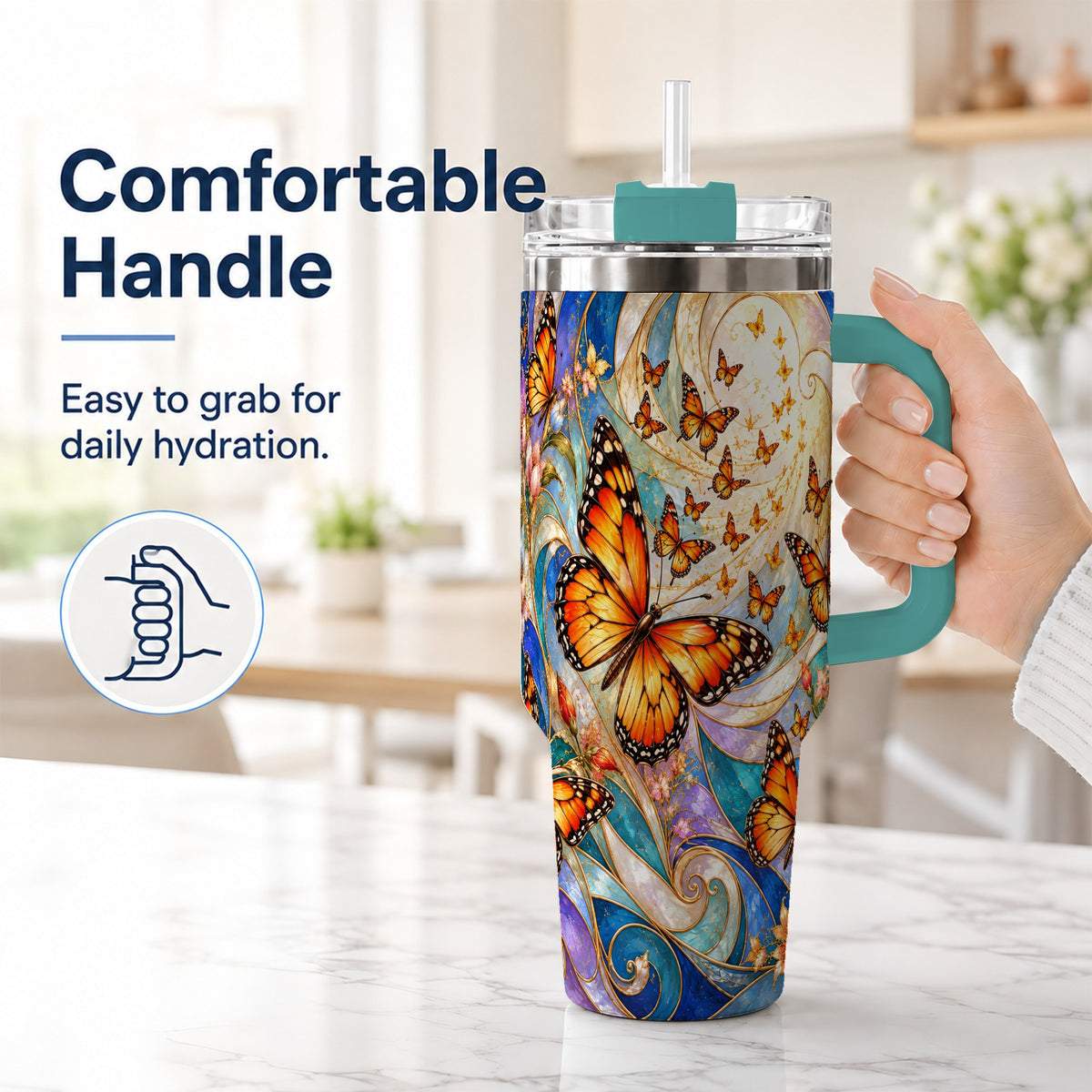 #pl[40oz|Green] Orange Butterfly 40oz Tumbler, Floral Swirl, Stainless Steel Travel Cup