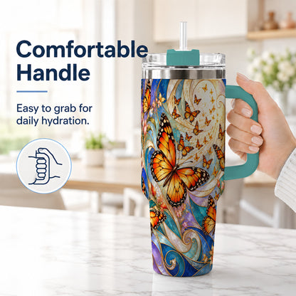 #pl[40oz|Green] Orange Butterfly 40oz Tumbler, Floral Swirl, Stainless Steel Travel Cup
