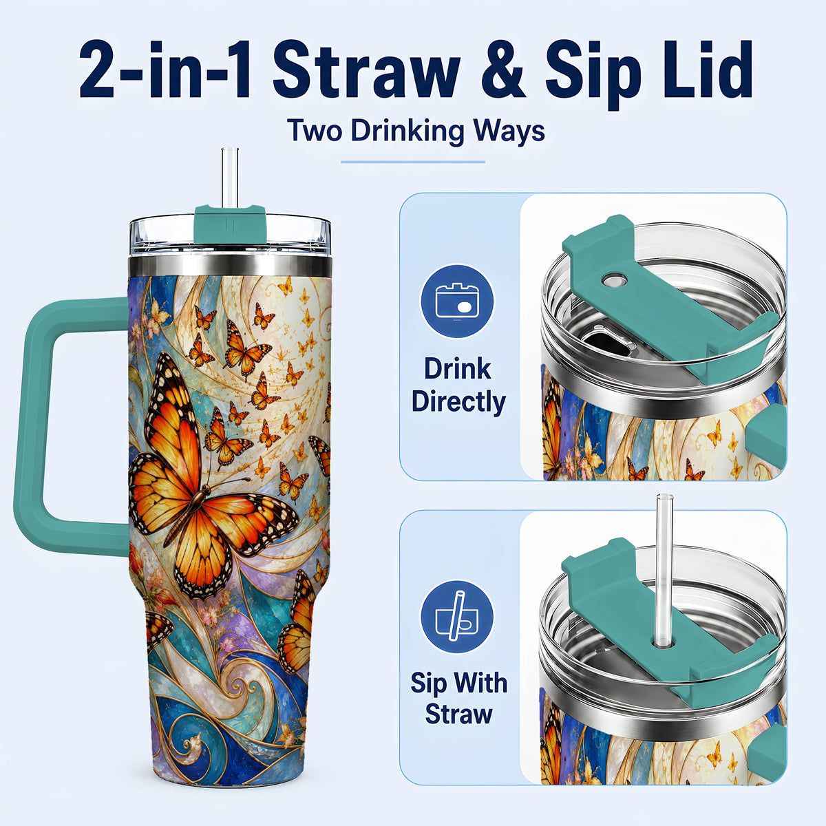 #pl[40oz|Green] Orange Butterfly 40oz Tumbler, Floral Swirl, Stainless Steel Travel Cup