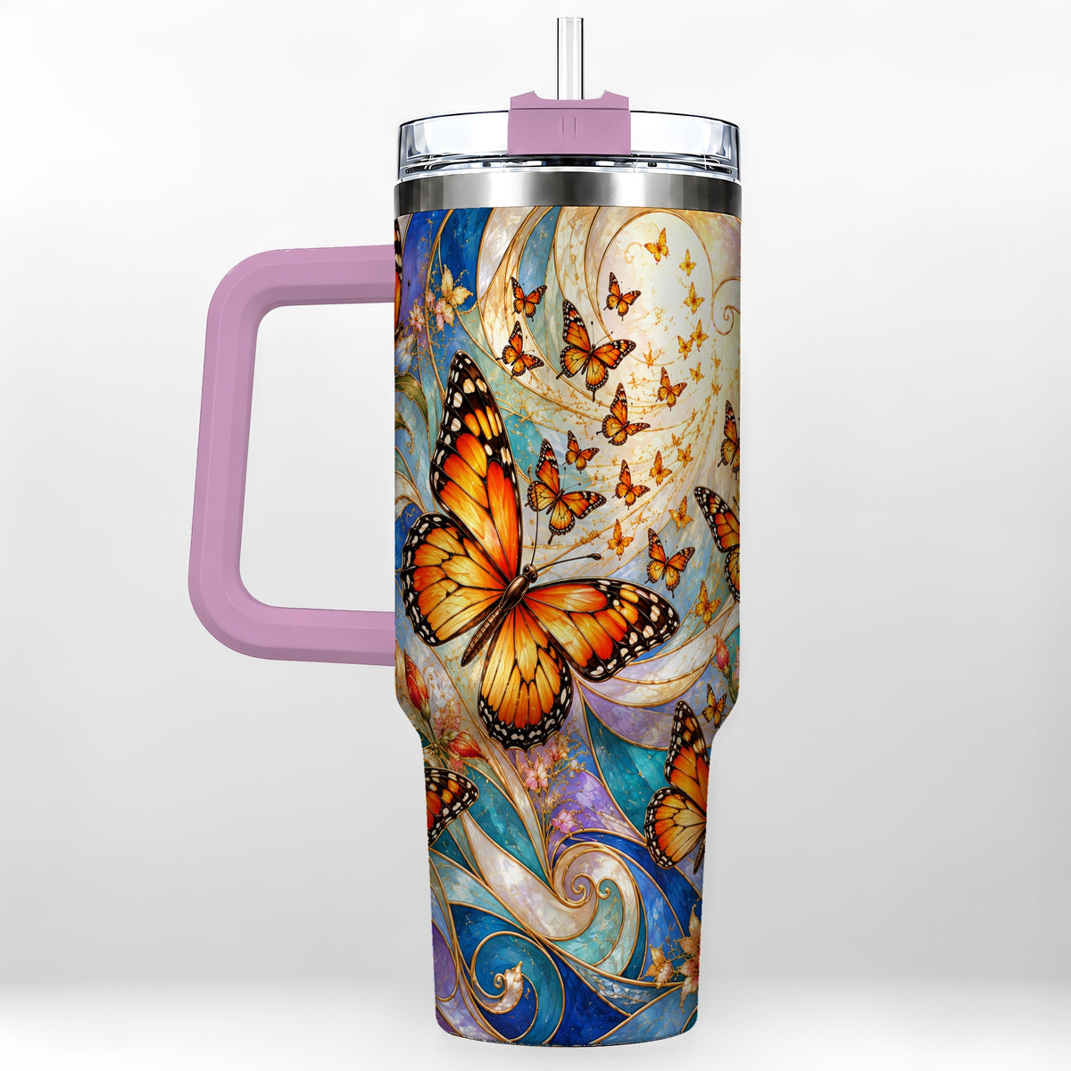#pl[40oz|Pink] Orange Butterfly 40oz Tumbler, Floral Swirl, Stainless Steel Travel Cup