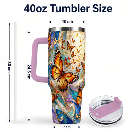 #pl[40oz|Pink] Orange Butterfly 40oz Tumbler, Floral Swirl, Stainless Steel Travel Cup