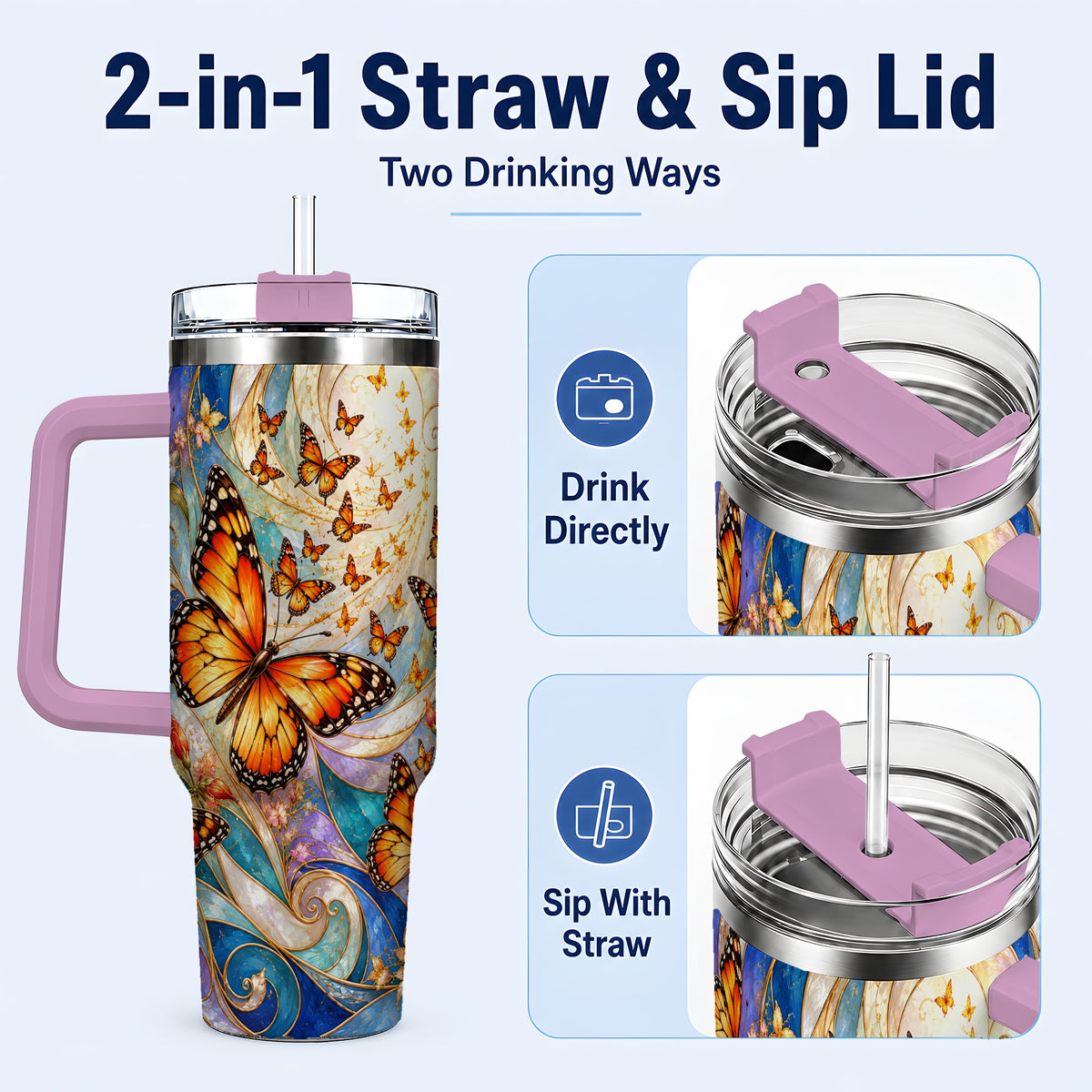 #pl[40oz|Pink] Orange Butterfly 40oz Tumbler, Floral Swirl, Stainless Steel Travel Cup