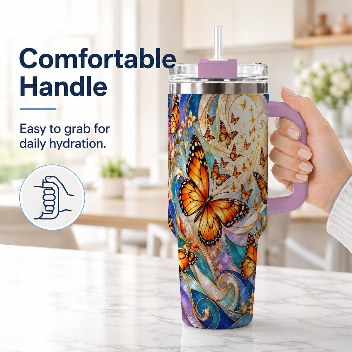 #pl[40oz|Pink] Orange Butterfly 40oz Tumbler, Floral Swirl, Stainless Steel Travel Cup