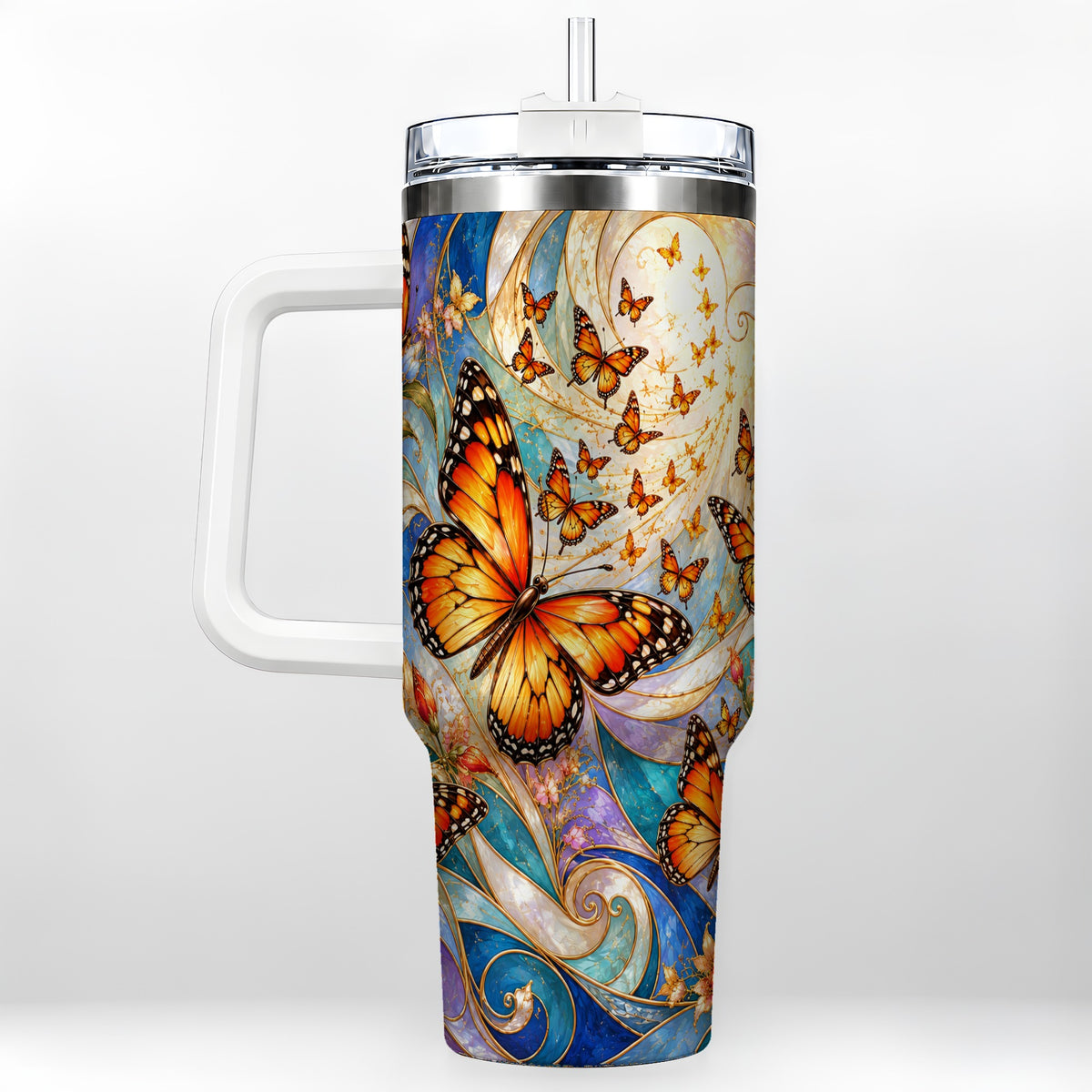Orange Butterfly 40oz Tumbler, Floral Swirl, Stainless Steel Travel Cup