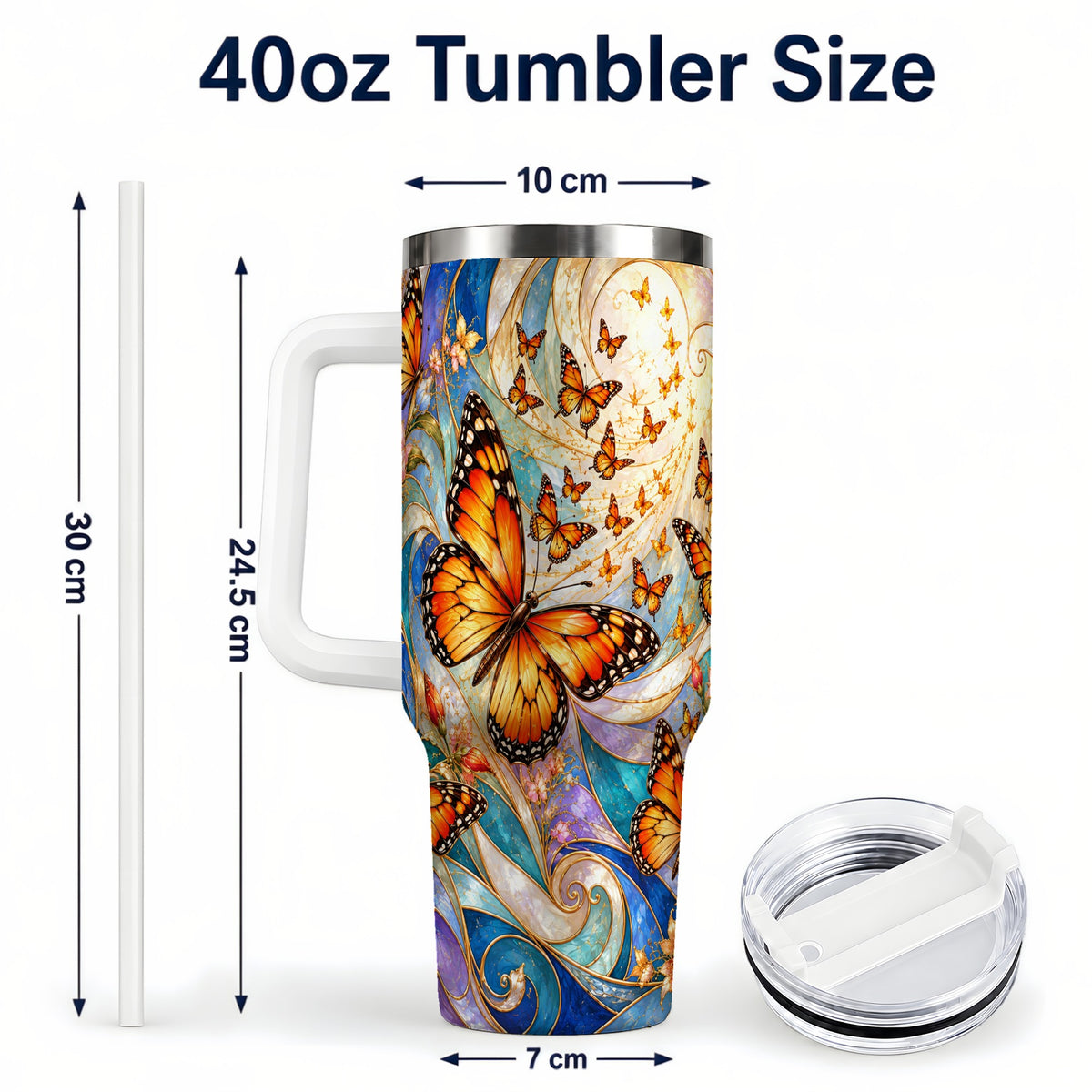 #pl[40oz|White] Orange Butterfly 40oz Tumbler, Floral Swirl, Stainless Steel Travel Cup