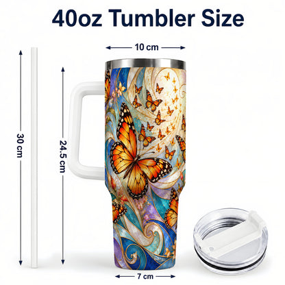 #pl[40oz|White] Orange Butterfly 40oz Tumbler, Floral Swirl, Stainless Steel Travel Cup