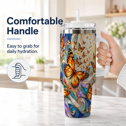 #pl[40oz|White] Orange Butterfly 40oz Tumbler, Floral Swirl, Stainless Steel Travel Cup