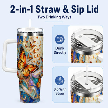 #pl[40oz|White] Orange Butterfly 40oz Tumbler, Floral Swirl, Stainless Steel Travel Cup