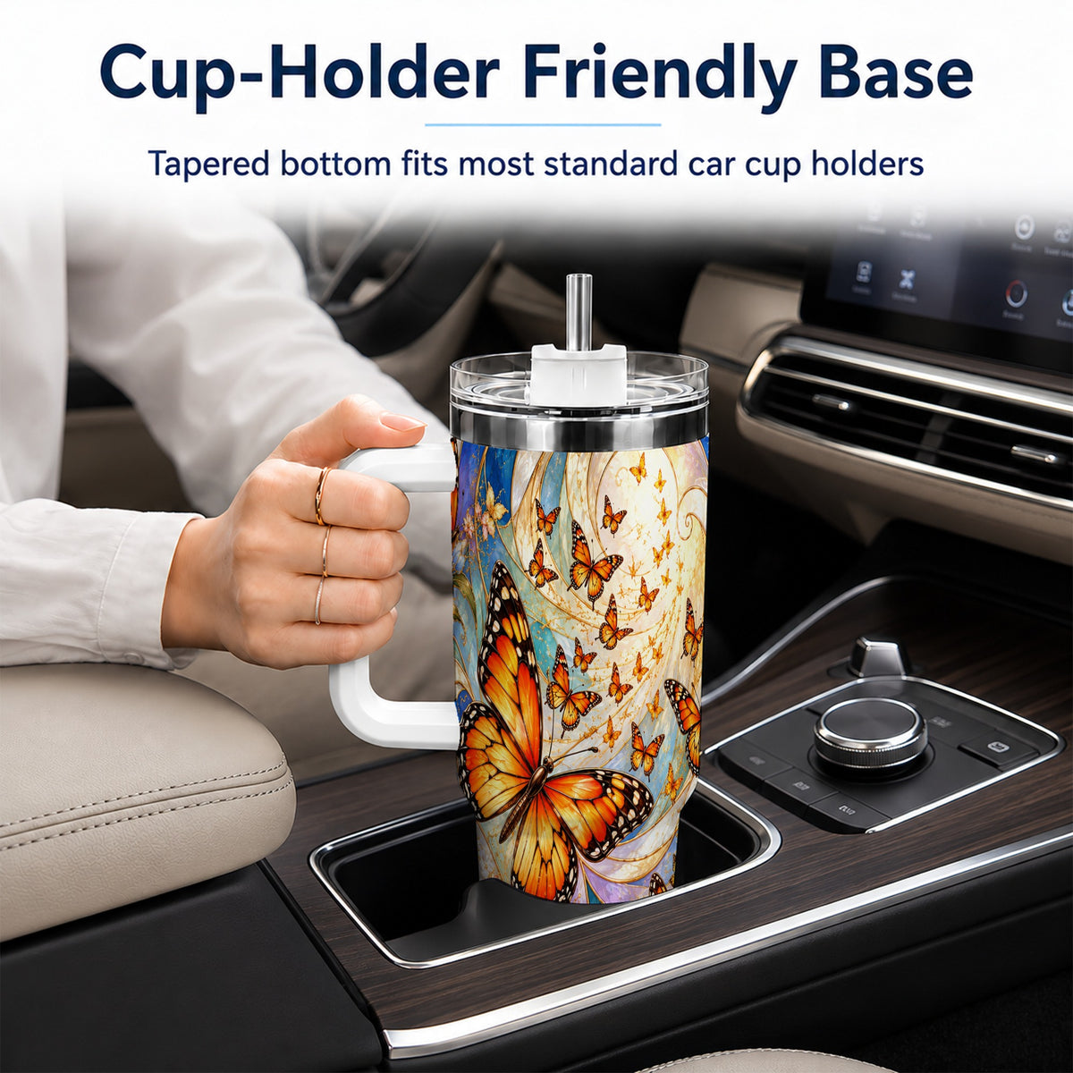 Orange Butterfly 40oz Tumbler, Floral Swirl, Stainless Steel Travel Cup