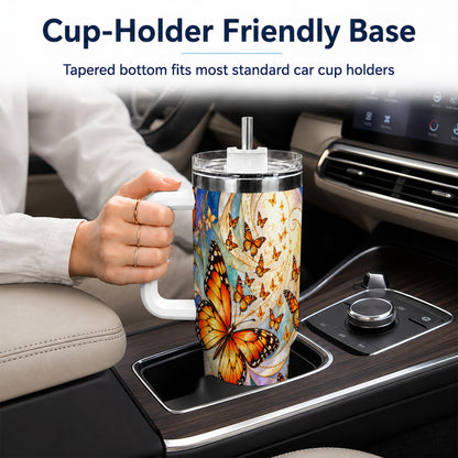 Orange Butterfly 40oz Tumbler, Floral Swirl, Stainless Steel Travel Cup