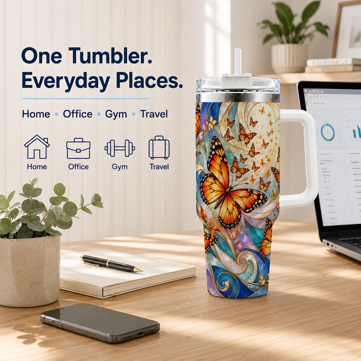 Orange Butterfly 40oz Tumbler, Floral Swirl, Stainless Steel Travel Cup