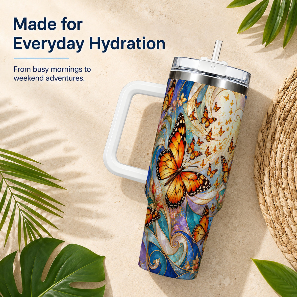 Orange Butterfly 40oz Tumbler, Floral Swirl, Stainless Steel Travel Cup