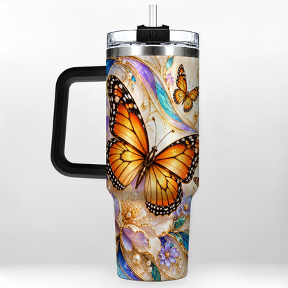 #pl[40oz|Black] Orange Butterfly 40oz Tumbler, Floral Gold, Stainless Steel Travel Cup
