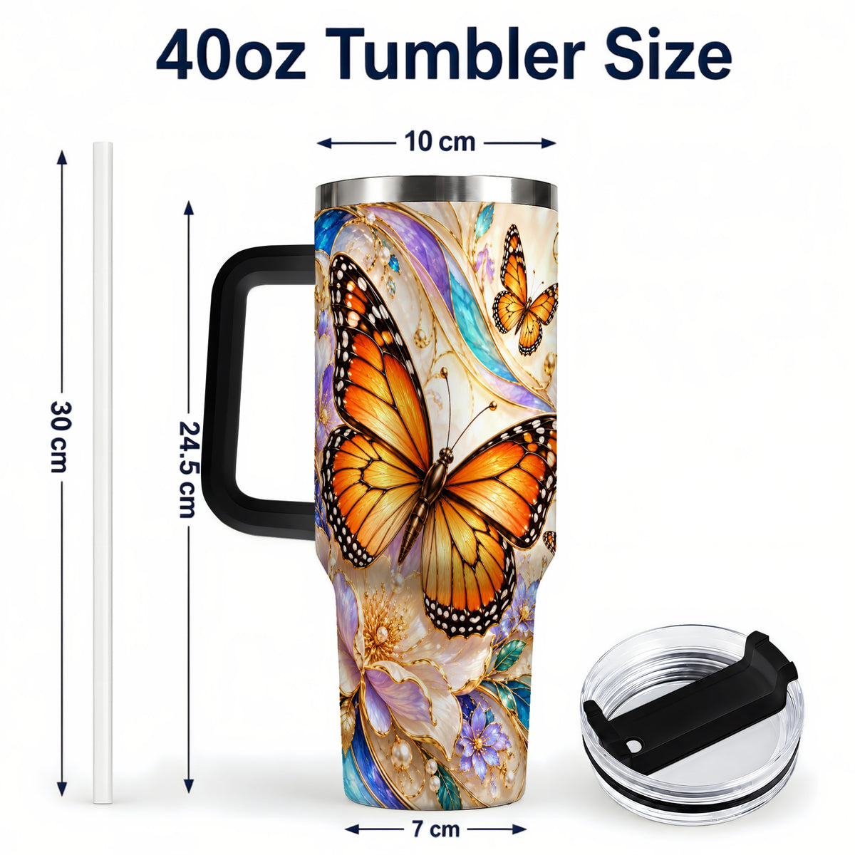 #pl[40oz|Black] Orange Butterfly 40oz Tumbler, Floral Gold, Stainless Steel Travel Cup