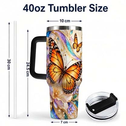 #pl[40oz|Black] Orange Butterfly 40oz Tumbler, Floral Gold, Stainless Steel Travel Cup