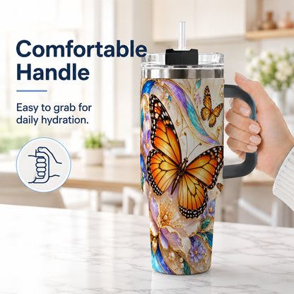 #pl[40oz|Black] Orange Butterfly 40oz Tumbler, Floral Gold, Stainless Steel Travel Cup