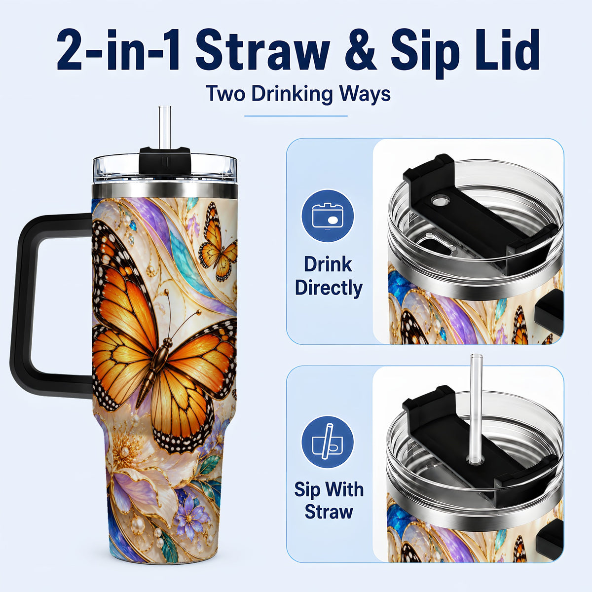 #pl[40oz|Black] Orange Butterfly 40oz Tumbler, Floral Gold, Stainless Steel Travel Cup