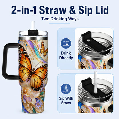 #pl[40oz|Black] Orange Butterfly 40oz Tumbler, Floral Gold, Stainless Steel Travel Cup