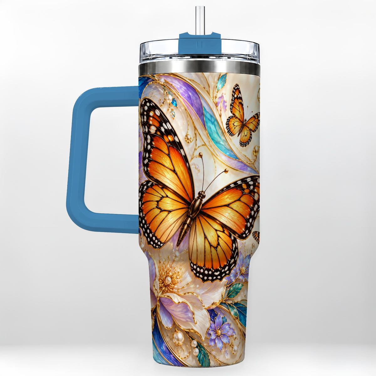#pl[40oz|Blue] Orange Butterfly 40oz Tumbler, Floral Gold, Stainless Steel Travel Cup