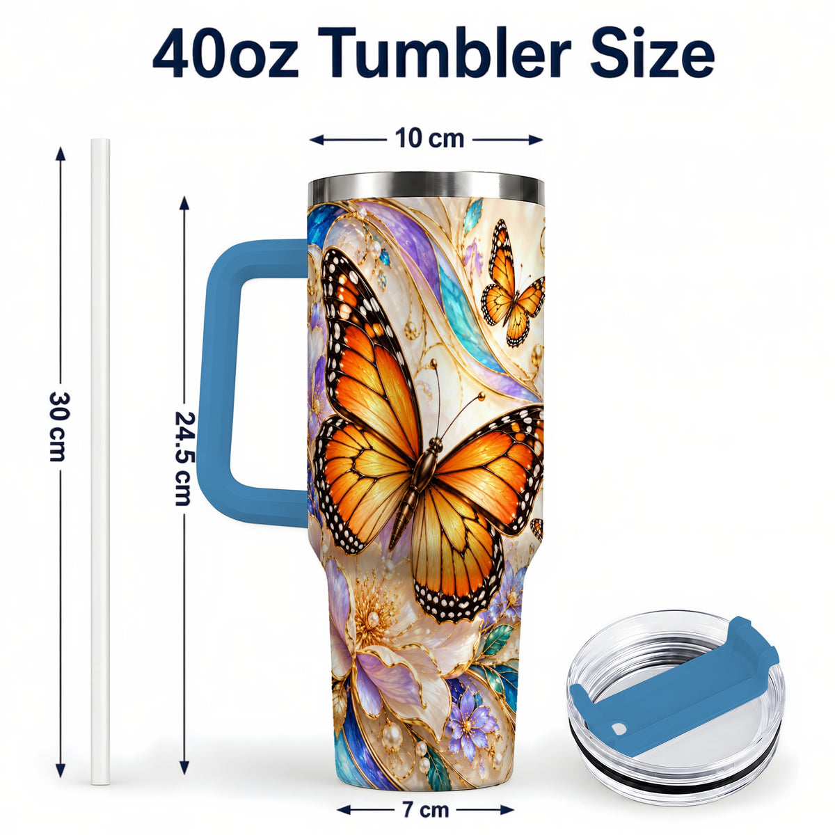 #pl[40oz|Blue] Orange Butterfly 40oz Tumbler, Floral Gold, Stainless Steel Travel Cup