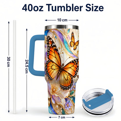 #pl[40oz|Blue] Orange Butterfly 40oz Tumbler, Floral Gold, Stainless Steel Travel Cup