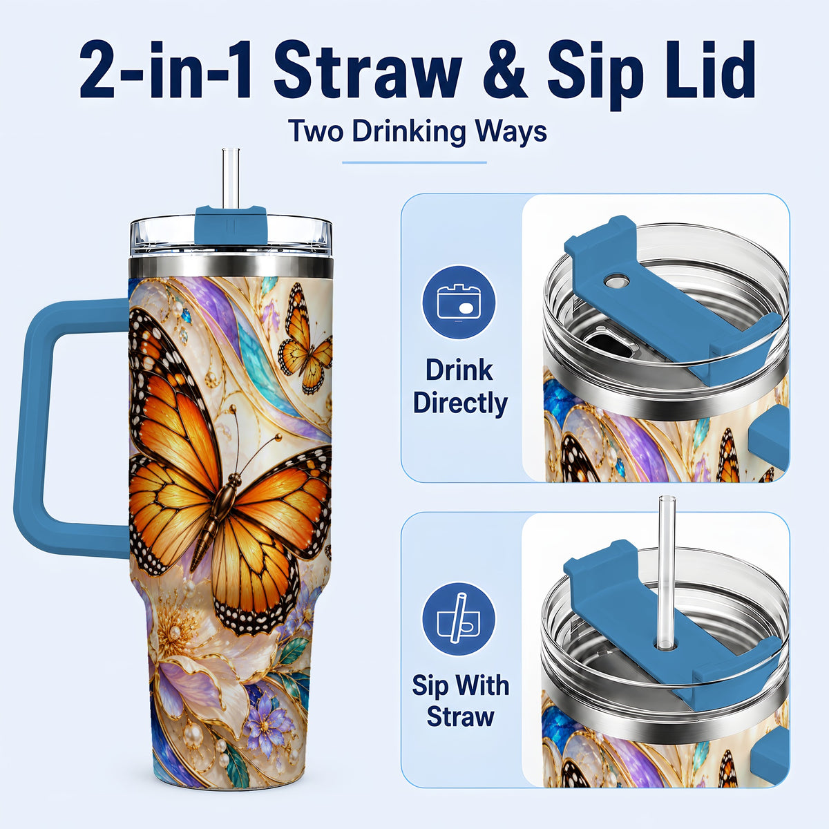 #pl[40oz|Blue] Orange Butterfly 40oz Tumbler, Floral Gold, Stainless Steel Travel Cup