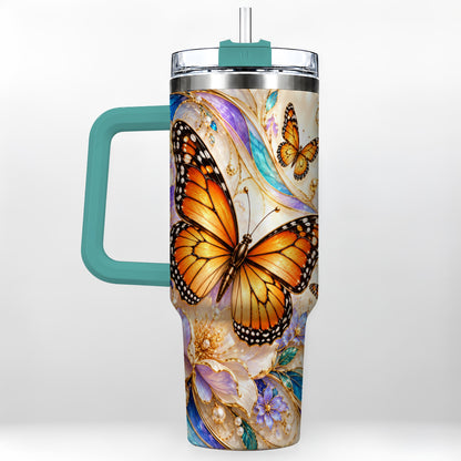 #pl[40oz|Green] Orange Butterfly 40oz Tumbler, Floral Gold, Stainless Steel Travel Cup