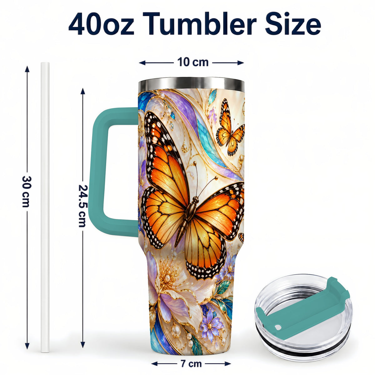 #pl[40oz|Green] Orange Butterfly 40oz Tumbler, Floral Gold, Stainless Steel Travel Cup