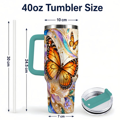 #pl[40oz|Green] Orange Butterfly 40oz Tumbler, Floral Gold, Stainless Steel Travel Cup